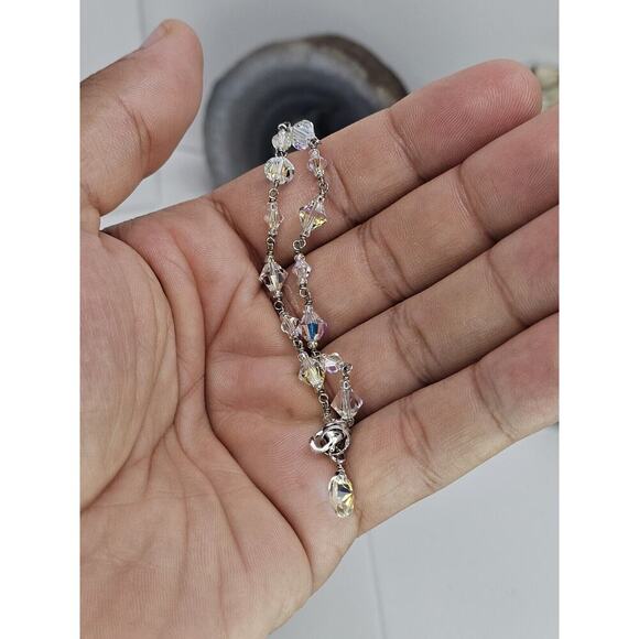 925 Sterling Silver & Iridescent Glass Bead Bracelet SZ 7.5 - Picture 3 of 5